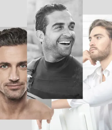 Collage of three men showing different facial angles and appearances
