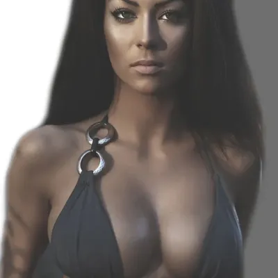 Woman with full breasts wearing a bikini top