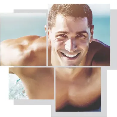 Young man paddling on a surfboard showing upper body and face