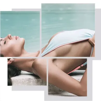 Woman relaxing by the pool with a natural body shape