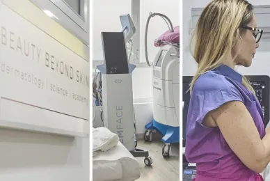 Collage showing dermatology treatment facilities and clinical equipment