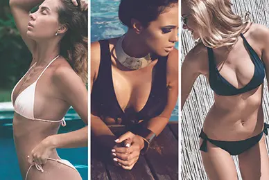 Three women in bikini tops showing different natural body shapes